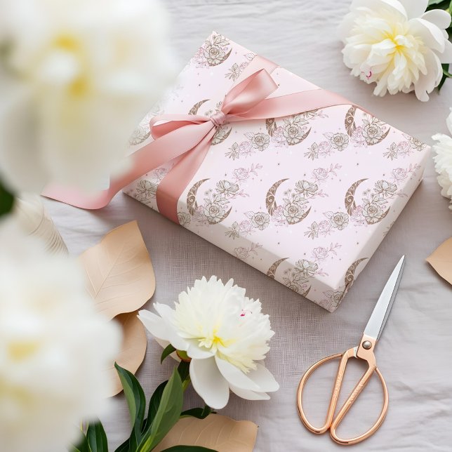 Elegant Pink Floral Peony Celestial Moon & Stars Presentpapper (Elegant Pink Floral Peony Celestial Moon & Stars Wrapping Paper)