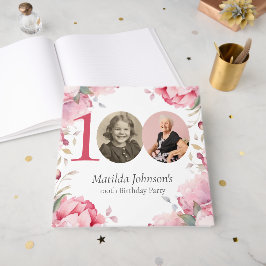 Elegant Pink Floral Photo 100th Birthday Gästböcker