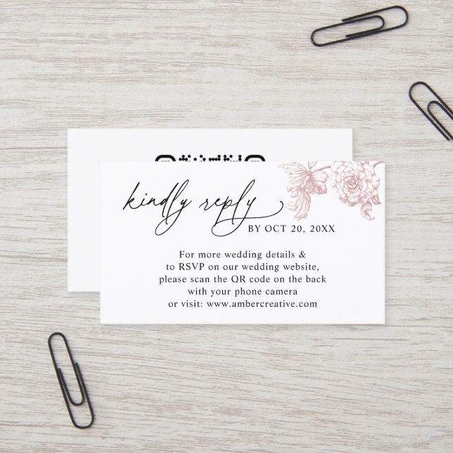 Elegant Pink Floral QR code Wedding RSVP Small  Visitkort (Fram/Back In Situ)