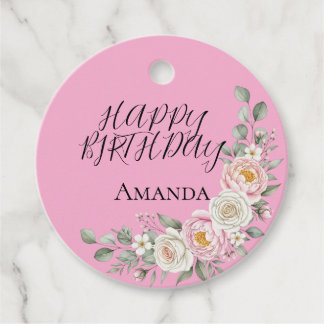 Elegant Pink Floral Round Personalized Favor Tag Gåvor Etiketter