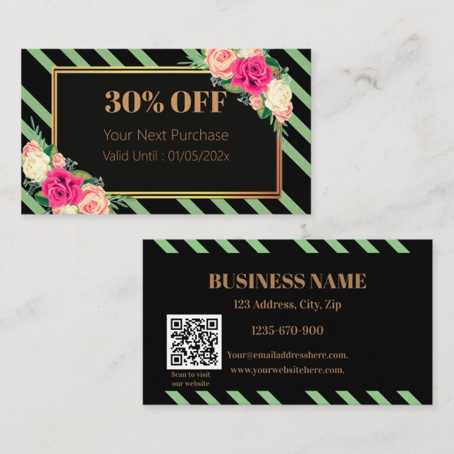 Elegant Pink Floral Stripes QR Code Discount Card Rabattkort (Fram/baksida)