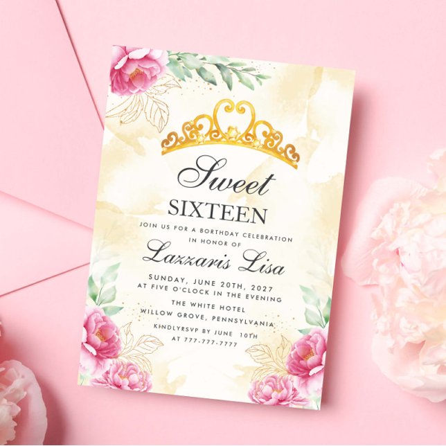 Elegant Pink Floral Sweet Sixteen Gold Birthday  Inbjudningar (Skapare uppladdad)