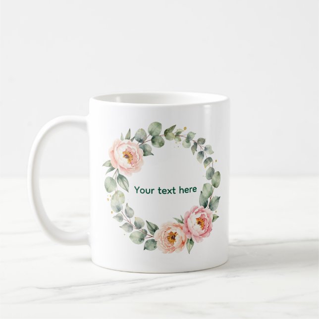 Elegant Pink Floral Watercolor Wreath Personalized Kaffemugg (Vänster)