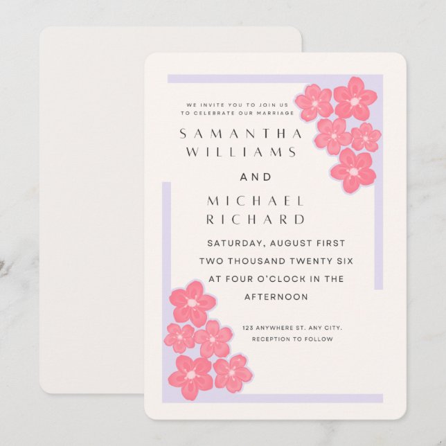 Elegant Pink Floral Wedding Invitation - Customiza Inbjudningar (Fram/baksida)