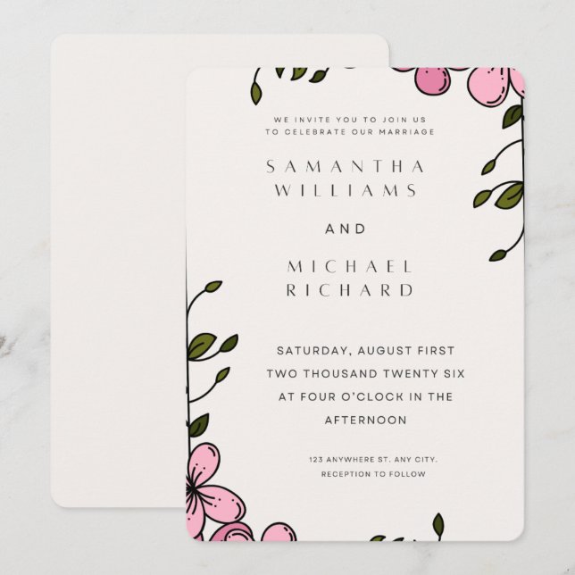 Elegant Pink Floral Wedding Invitation - Customiza Inbjudningar (Fram/baksida)