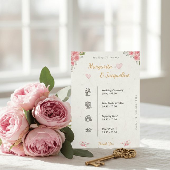 Elegant Pink Floral Wedding Itinerary Timeline  Tilläggskort (Skapare uppladdad)