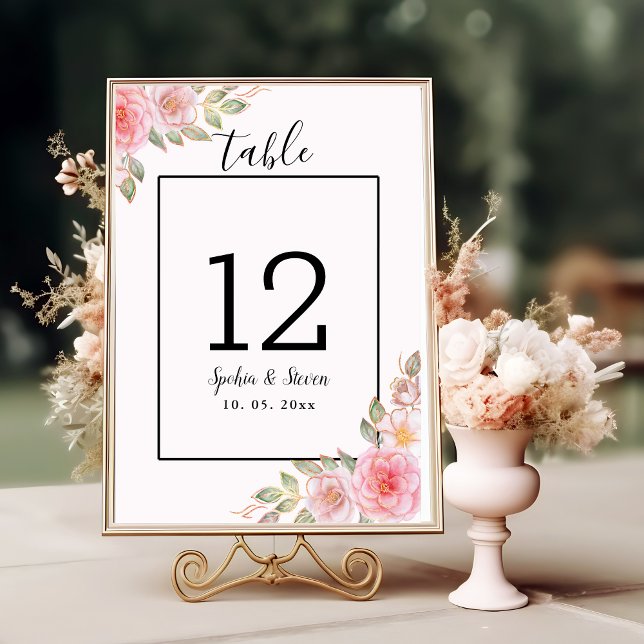 Elegant Pink Floral Wedding Party with Gold  Bordsnummer (Skapare uppladdad)
