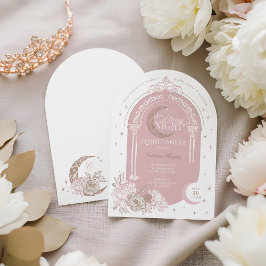 Elegant Pink Florals Moon Stars Tiara Quinceañera Inbjudningar