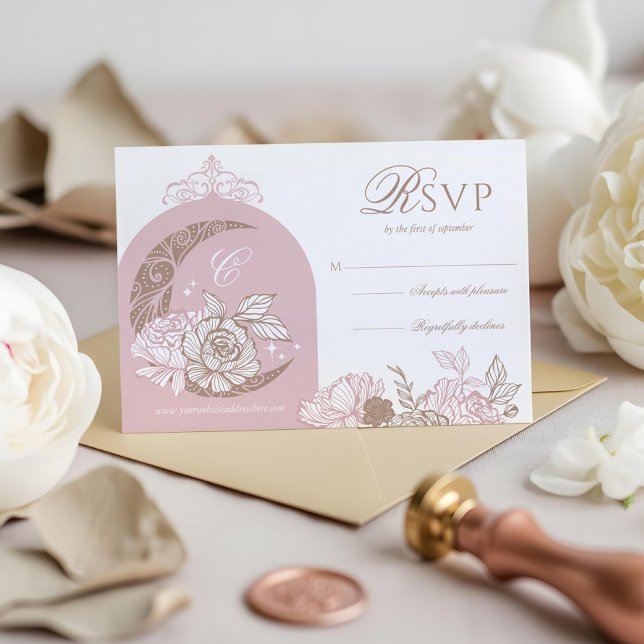 Elegant Pink Florals Moon Stars Tiara Quinceañera OSA Kort (Elegant Pink Florals Moon Stars Tiara Quinceañera RSVP Card)