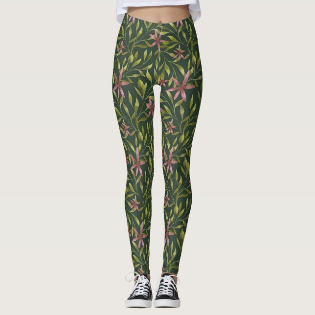 Elegant Pink Flower Pattern on Dark Background Leggings (Framsida)