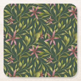 Elegant Pink Flower Pattern on Dark Background Underlägg Papper Kvadrat