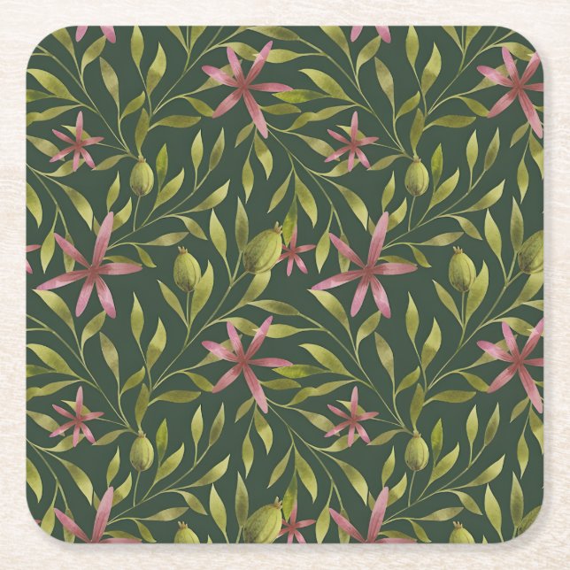 Elegant Pink Flower Pattern on Dark Background Underlägg Papper Kvadrat (Framsidan)