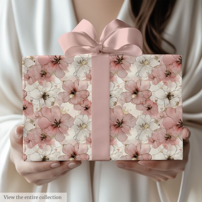 Elegant pink flowers and gold birthday paper wrap presentpapper (Elegant pink flowers and gold birthday paper wrap)