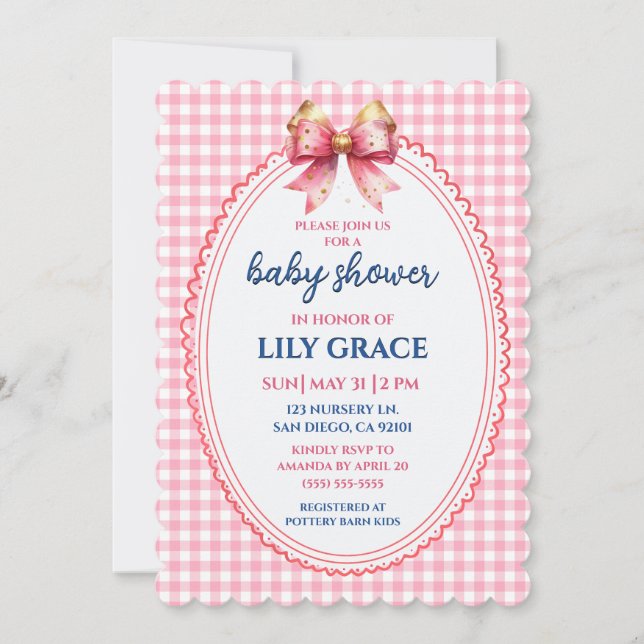 Elegant Pink Gingham & Bow Baby Shower Invitation Inbjudningar (Framsida)