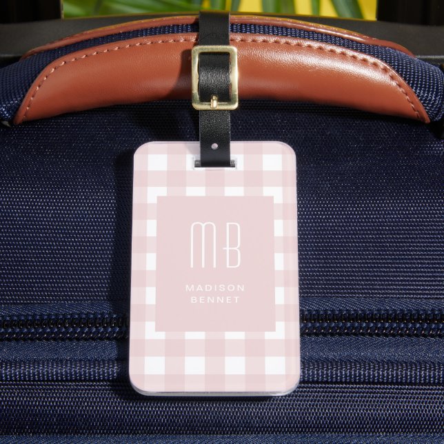 Elegant Pink Gingham Monogram Bagagebricka (Framsida Insitu 2)