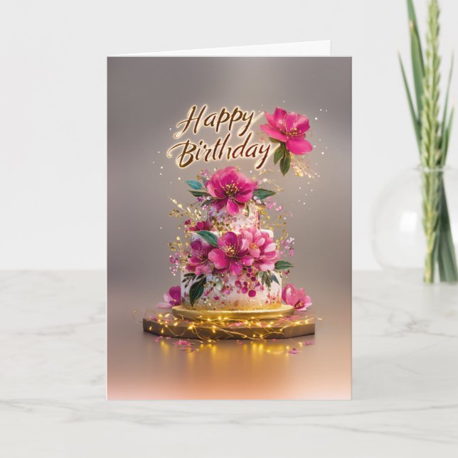 Elegant Pink & Gold Floral Birthday Cake Kort (Framsida)