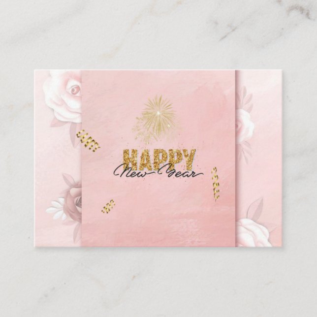 Elegant Pink & Gold Happy New Year Floral Card Tilläggskort (Framsida)