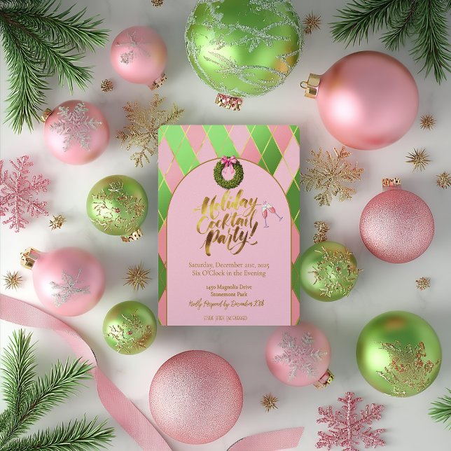 Elegant Pink & Green Argyle Holiday Cocktail Party Inbjudningar (Holiday Cocktail Party Pink and Green Argyle Holiday Party Invitation )