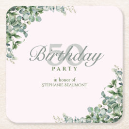 Elegant Pink Green Flower Women's 50th Birthday  Underlägg Papper Kvadrat