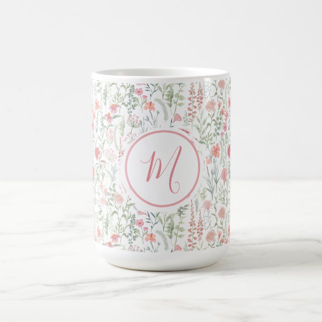 Elegant Pink Green Wildflower Preppy Personalised Kaffemugg (Center)