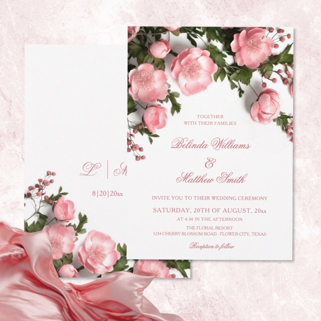 Elegant Pink Greenery 3D Roses Wedding Inbjudningar (Skapare uppladdad)