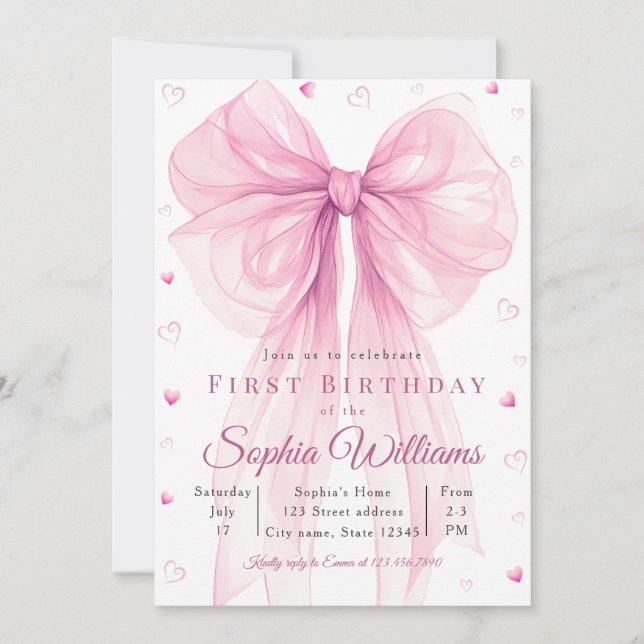 Elegant Pink Heart Bow Baby Shower Invitation Inbjudningar (Framsida)