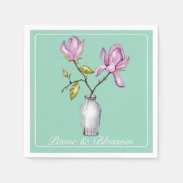 Elegant Pink Magnolia Watercolor in Glass Vase Pappersservett