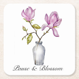 Elegant Pink Magnolia Watercolor in Glass Vase Underlägg Papper Kvadrat