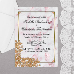 Elegant Pink Marble and Gold Pearls Wedding Vykort