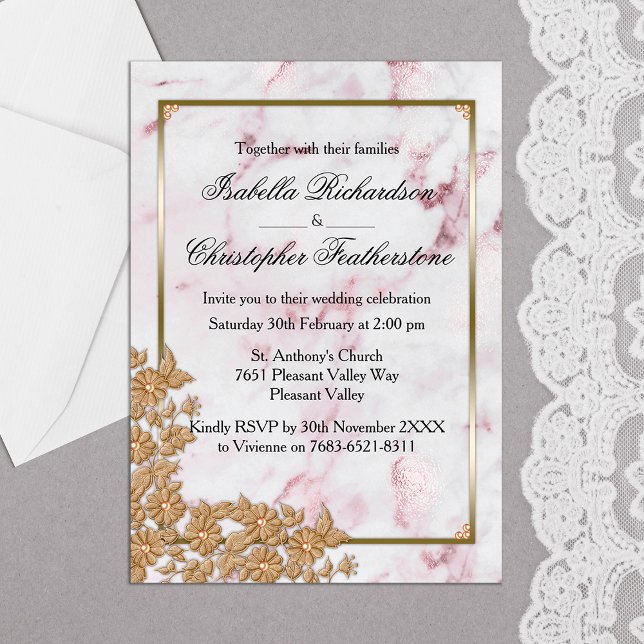 Elegant Pink Marble and Gold Pearls Wedding Vykort (Skapare uppladdad)