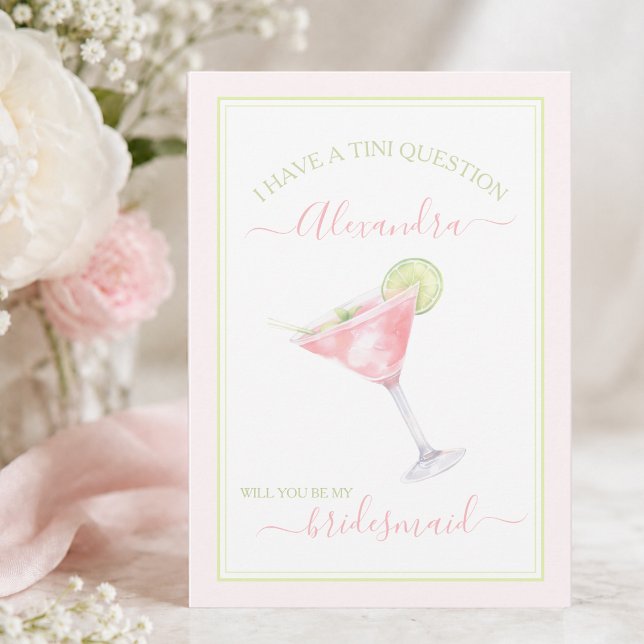 Elegant Pink Martini Brudtärna Kort (elegant modern watercolor pink martini bridesmaid proposal card with custom bridesmaid name)
