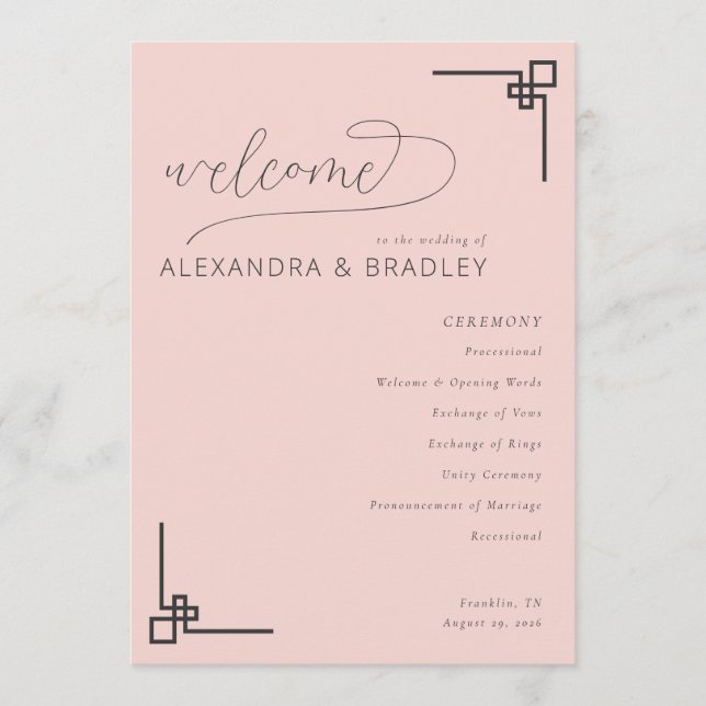 Elegant Pink Minimalist Wedding Schedule Program (Framsida)