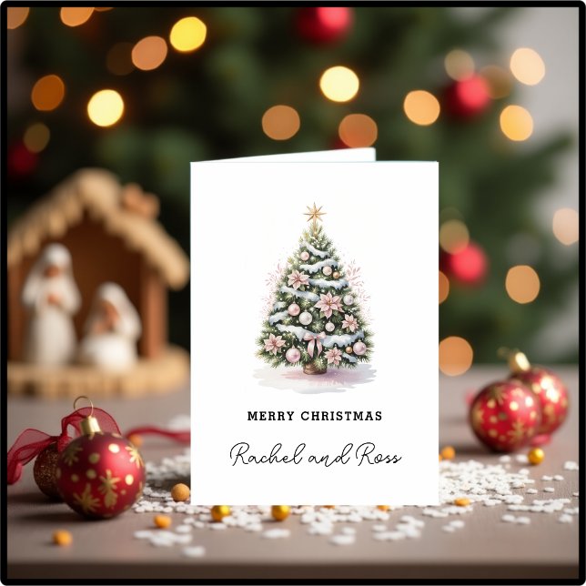 Elegant Pink Modern Watercolor Christmas Tree Helgkort (Elegant Pink Modern Watercolor Christmas Tree Holiday Card )