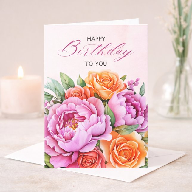 Elegant Pink Peonies & Roses Soft Floral Birthday Kort (Skapare uppladdad)