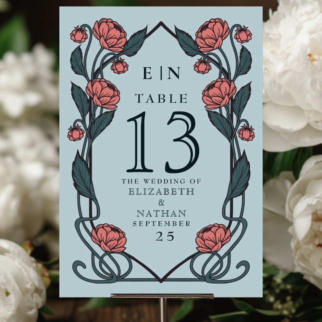 Elegant Pink Peony Art Nouveau Floral Wedding Bordsnummer (Skapare uppladdad)