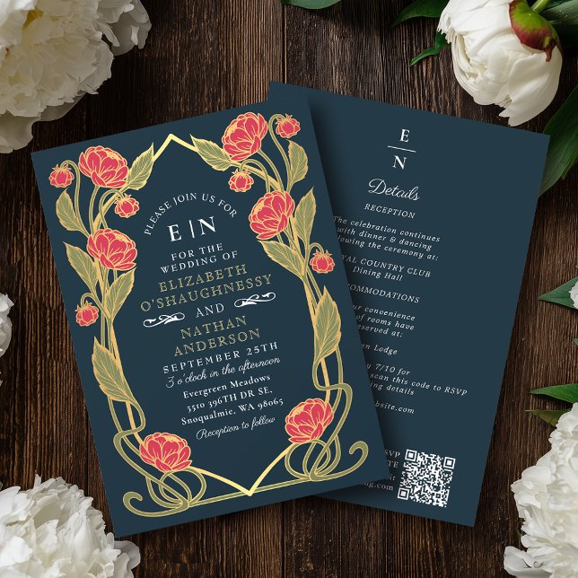 Elegant Pink Peony Art Nouveau QR Code Wedding Inbjudningar (Skapare uppladdad)