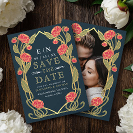 Elegant Pink Peony Art Nouveau Wedding Photo Spara Datumet