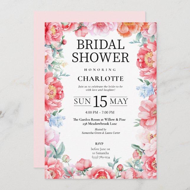 Elegant Pink Peony Floral Bridal Shower Invitation Inbjudningar (Fram/baksida)