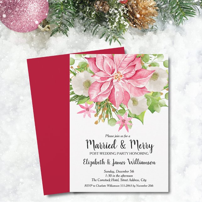 Elegant Pink Poinsettia Christmas Wedding Brunch Inbjudningar (Elegant Pink Poinsettia Christmas Married & Merry Post-Wedding Brunch Invitations)
