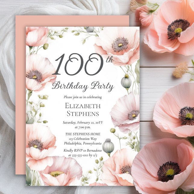 Elegant Pink Poppies Floral 100th Birthday Party Inbjudningar (Boho Elegant Pale Pink Poppies Floral 100th Birthday Party Invitation - Print | Digital Download)
