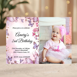 Elegant Pink Purple Butterfly Birthday Photo Inbjudningar