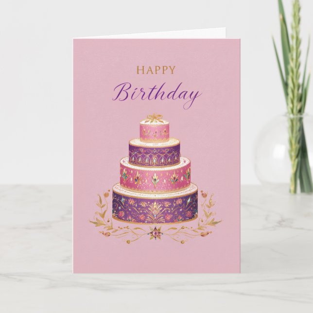 Elegant Pink, Purple & Gold Birthday Cake Kort (Framsida)