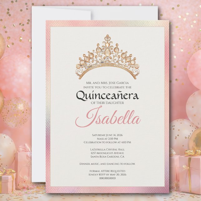 Elegant Pink Quinceanera 15th Birthday Inbjudningar (15th Birthday Elegant Pink Quinceañera invitation. Celebrate a los quince años. Hermosa - beautiful)