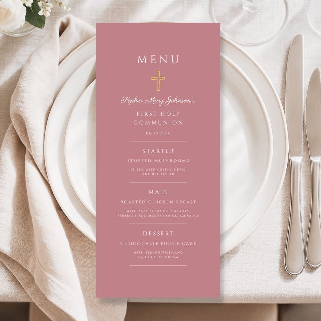 Elegant Pink Religious Cross First Communion Meny (Elegant Pink Religious Cross First Communion Menu)