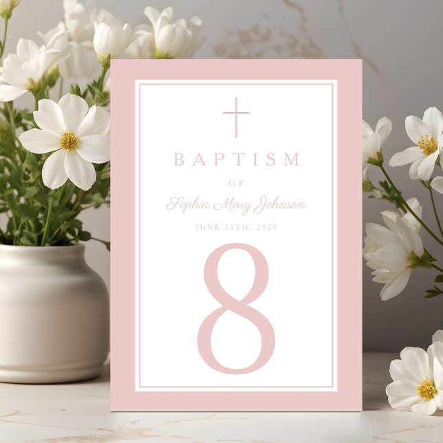 Elegant Pink Religious Cross Girl Baptism Bordsnummer (Elegant Pink Religious Cross Girl Baptism Table Number)