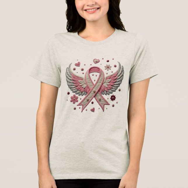 Elegant Pink Ribbon with Angel Wings Embroidery  T Shirt (Framsida)