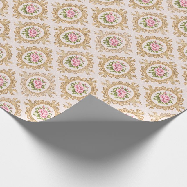 Elegant Pink Rose and Gold Baroque Frame Presentpapper (Hörn)