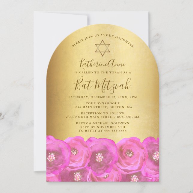 Elegant Pink Rose Floral Gold Bat Mitzvah Inbjudningar (Framsida)