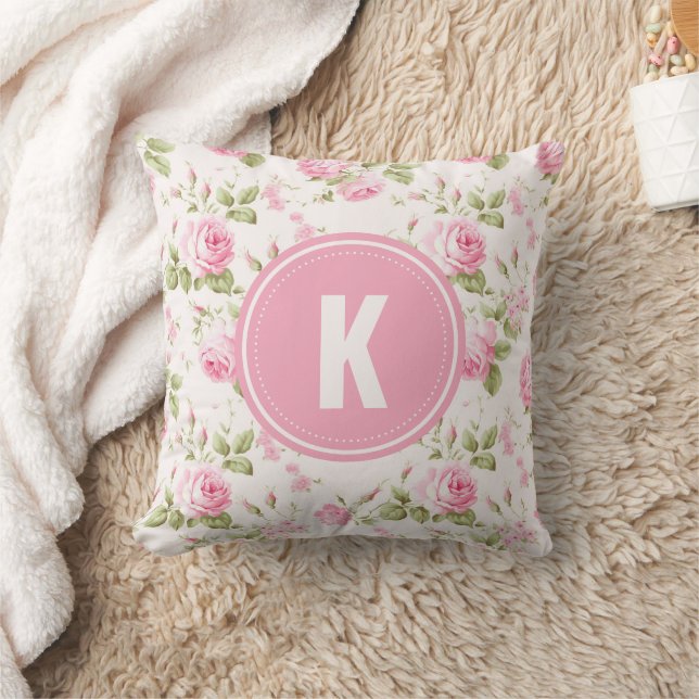 Elegant Pink Roses Flowers Pattern Monogram Kudde (Filt)