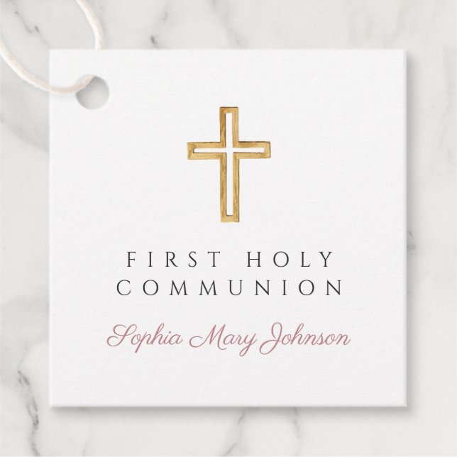 Elegant Pink Script Cross Girl First Communion Gåvor Etiketter (Framsida)